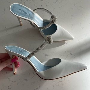 White Schutz Mules with Diamond Detail
